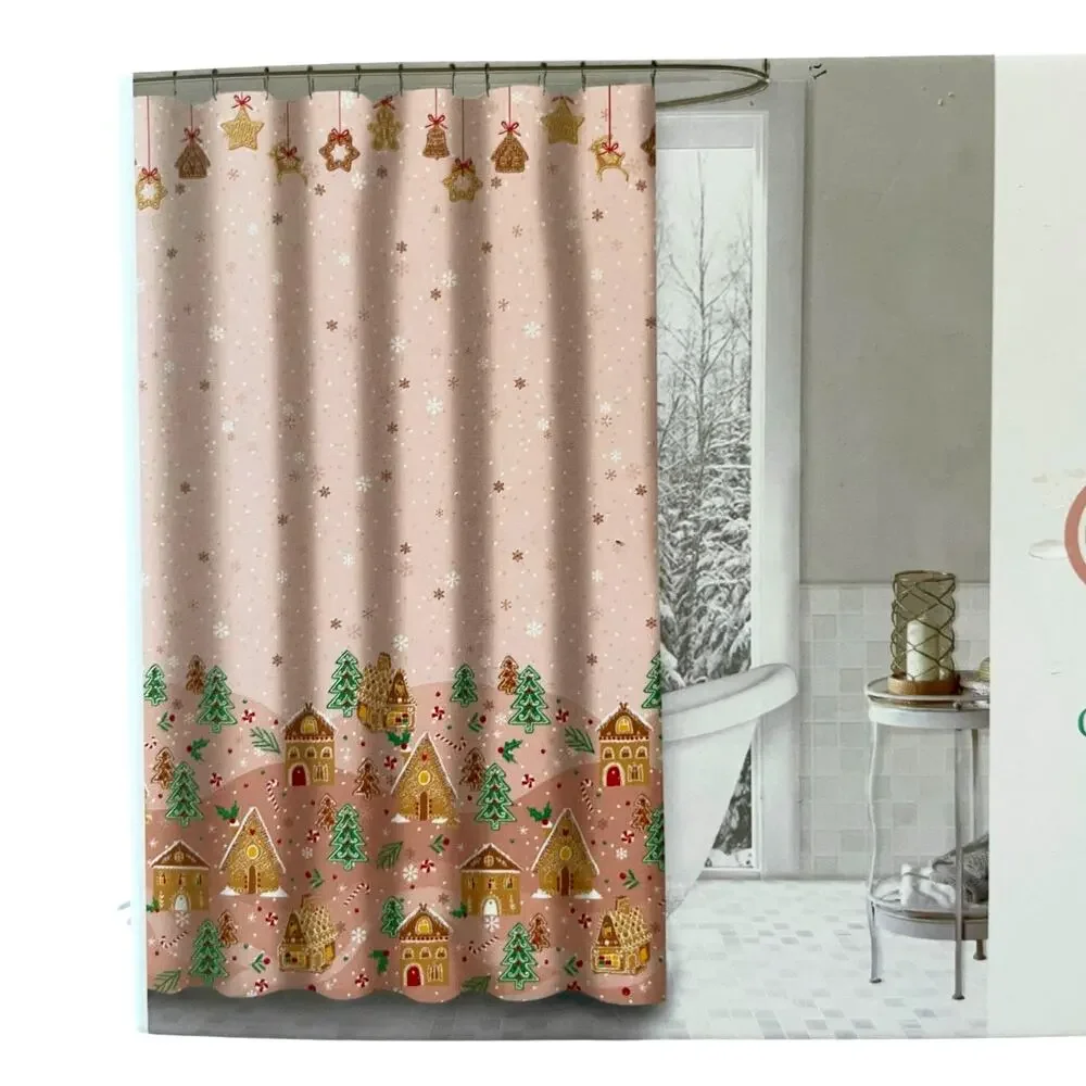 Pink Christmas GINGERBREAD HOUSE Shower Curtain 72x72 Holiday Glam NEW